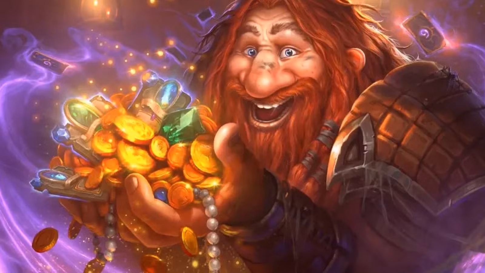 Artwork of a dwarf with coins and gems in his hands smiling
