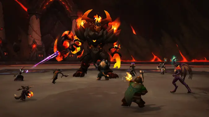 Players fighting Eranog in the Dragon Isles, multiple players attack a large fire lizard boss